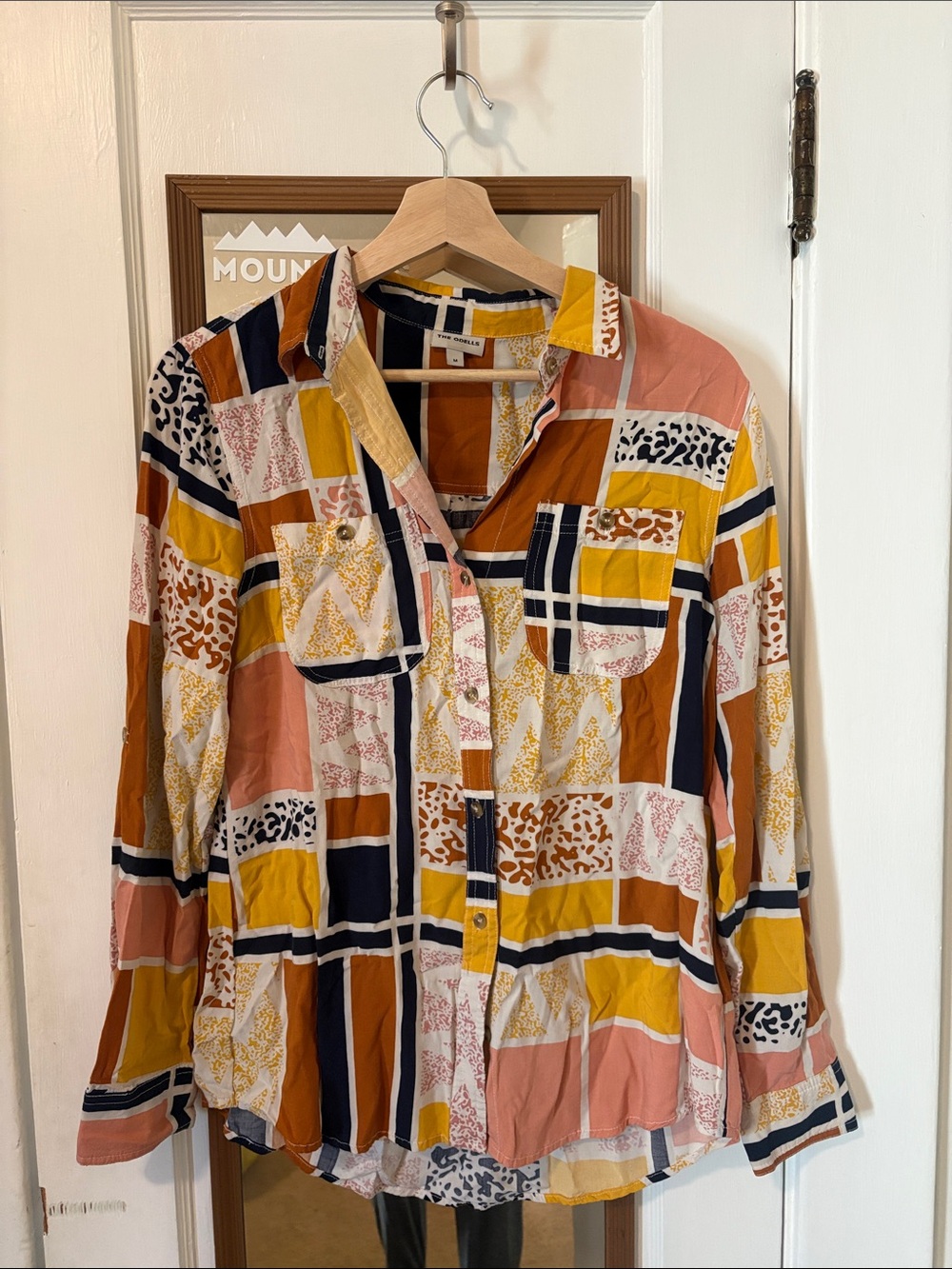 Patchwork Multi-Color Button-Down Shirt in Pink, Mustard & Navy